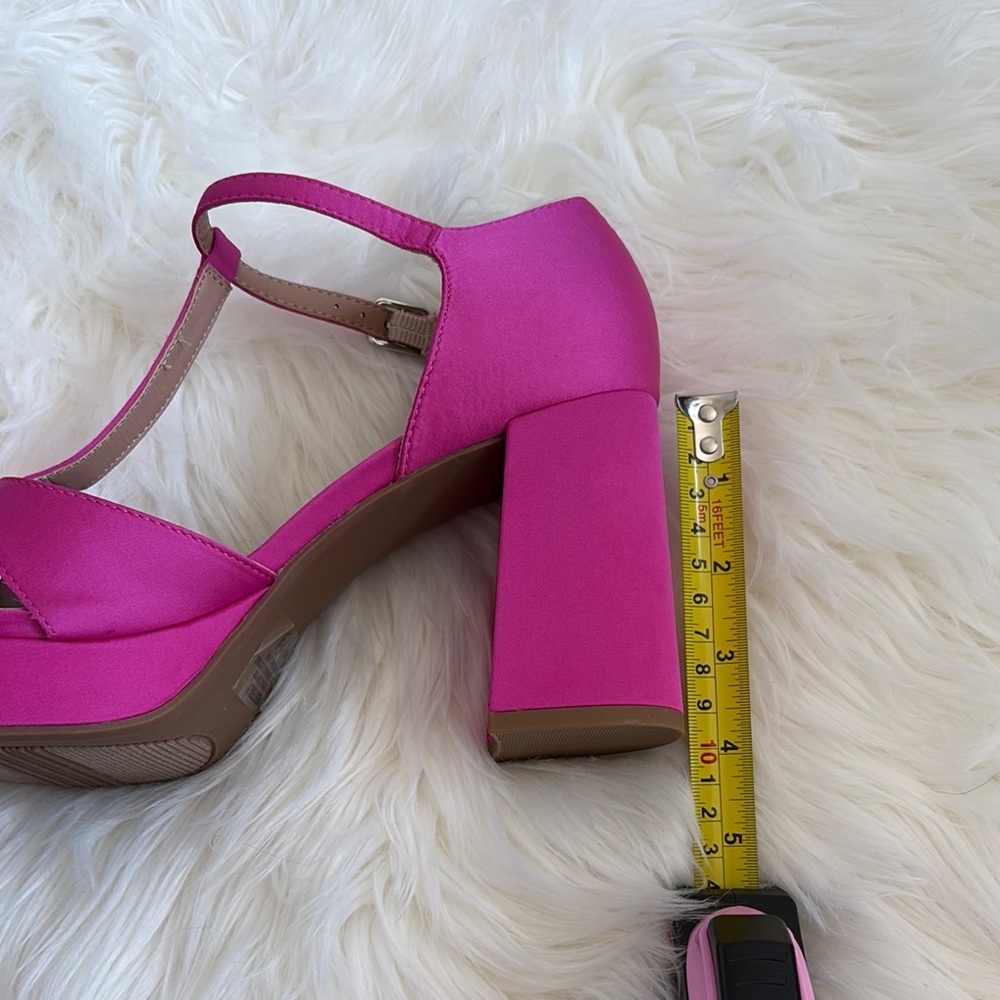 Pop Pink T-Strap Heels with Block Heel - Picture 7 of 9